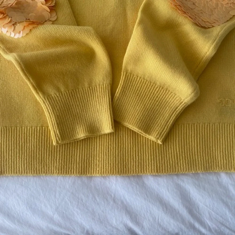 Tory Burch Jasmine Yellow Cashmere Sweater w/ Sequined Elbow Patches - Picture 9 of 9